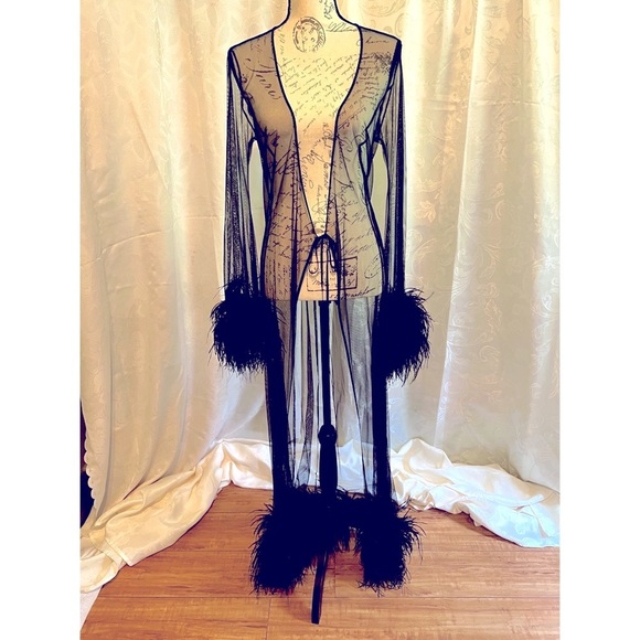 SzM, Victoria’s Secret, black, sheer, feather embellished robe. - Picture 1 of 5
